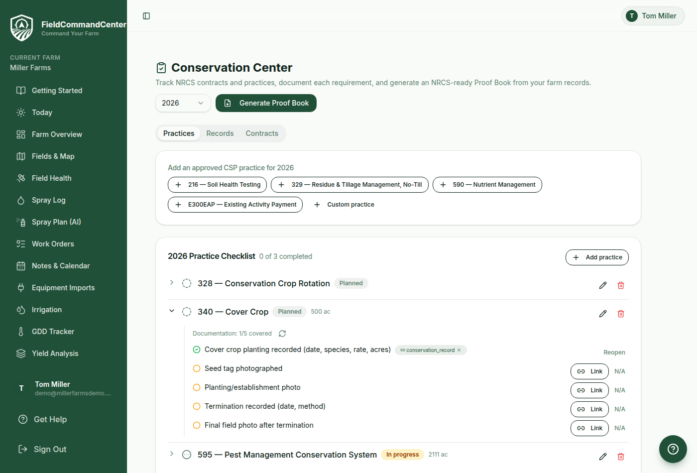 The Conservation Center in FieldCommandCenter showing a CSP practice checklist with per-requirement documentation status and evidence linking.