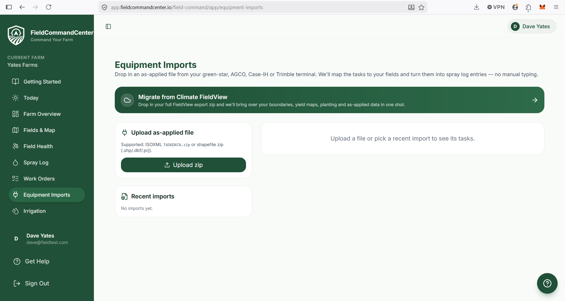 Equipment Imports page with Climate FieldView migration banner and as-applied file uploader.