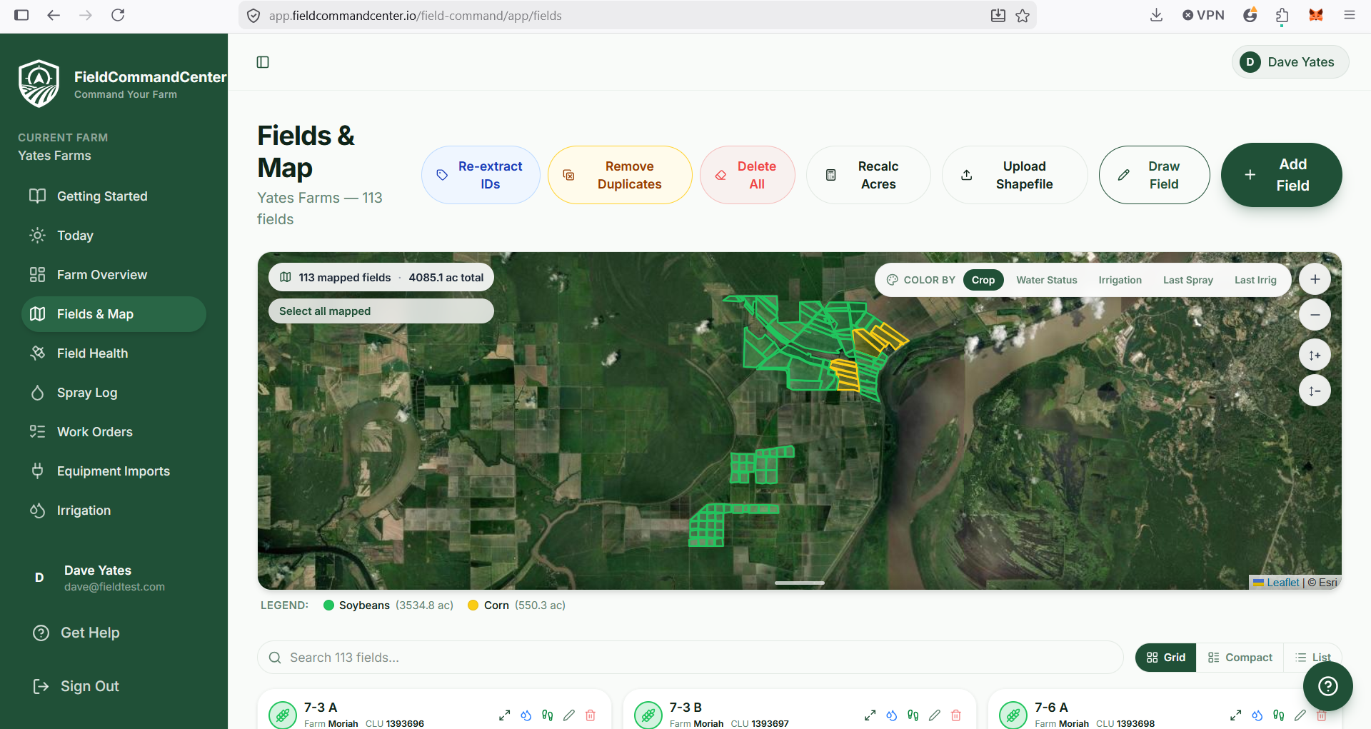 Fields & Map page with 113 mapped fields color-coded by crop on a satellite map.