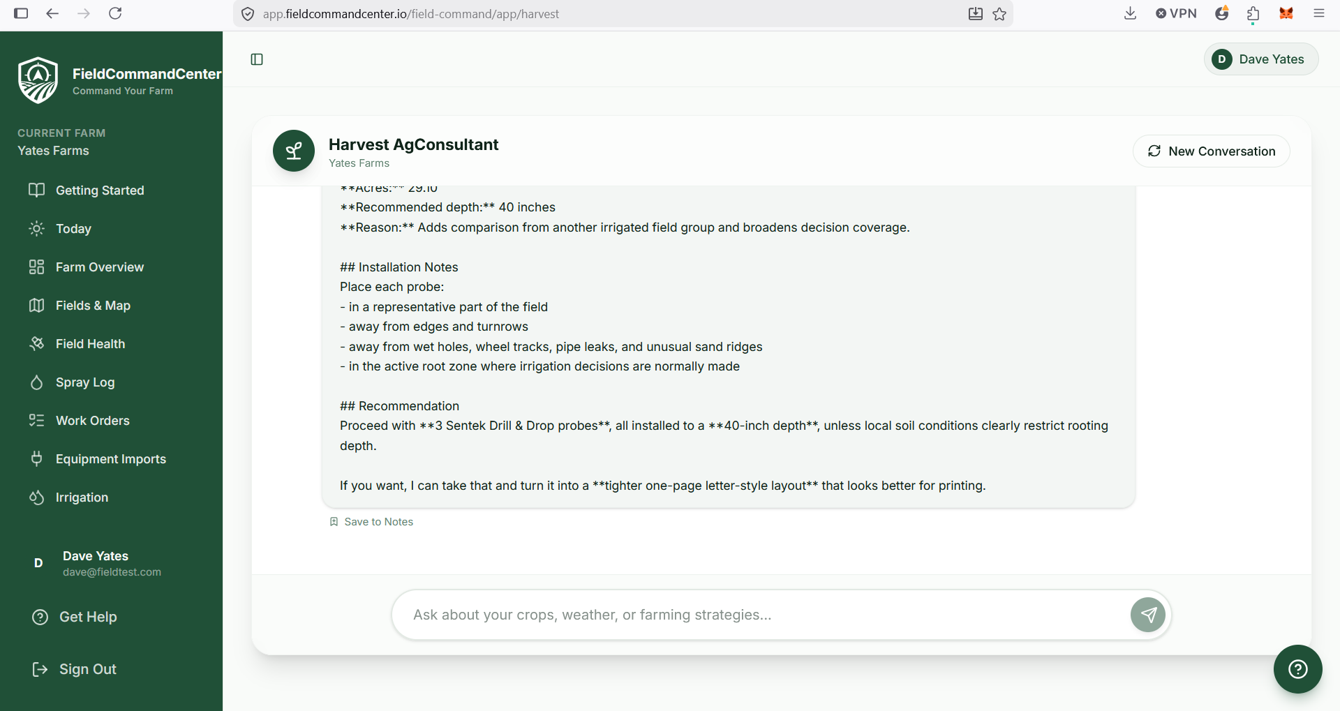 Harvest AI conversation recommending probe locations and installation depth for a farm.