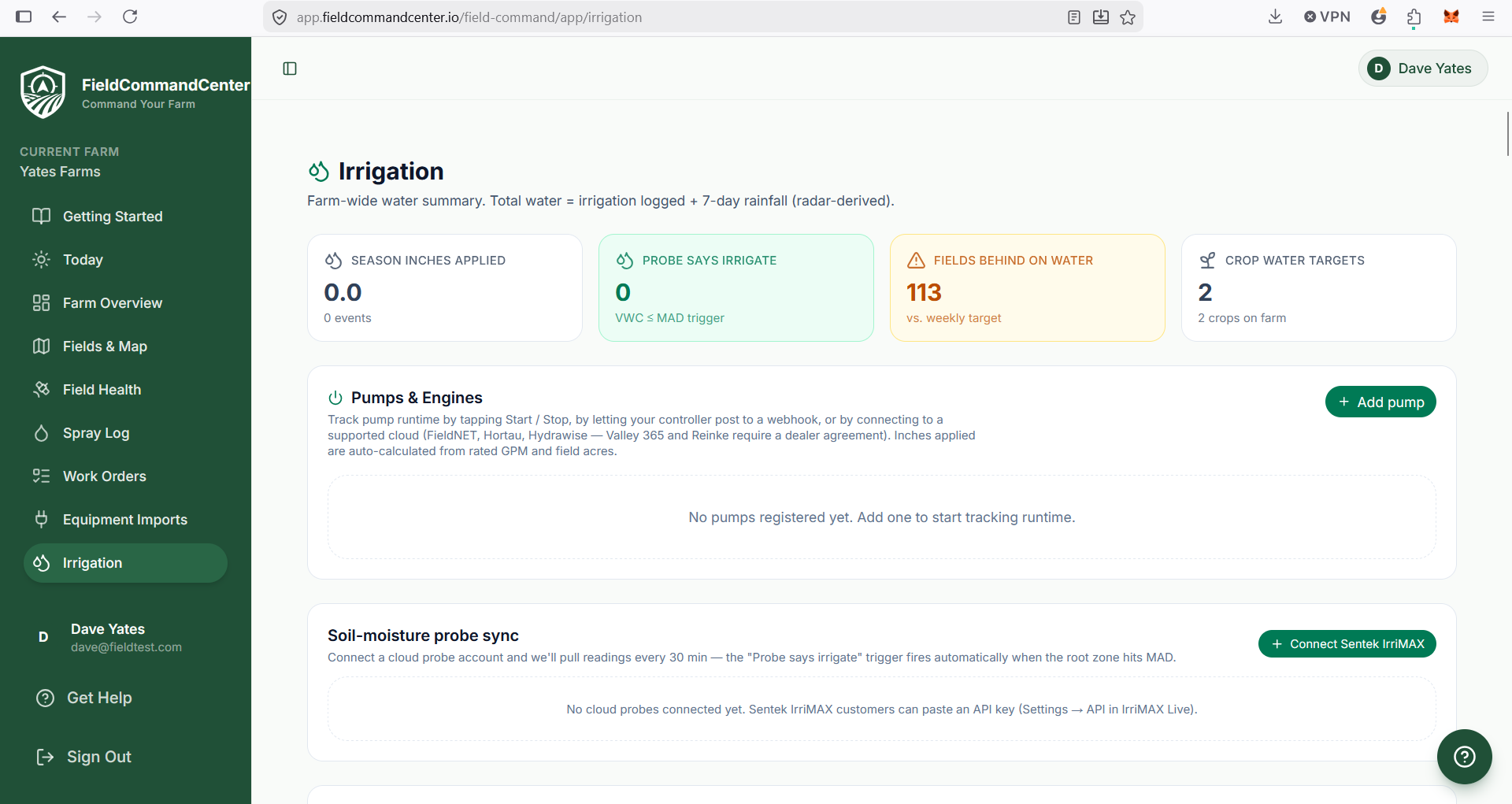 Irrigation page showing season inches, probe-says-irrigate counter, and Sentek IrriMAX connection.