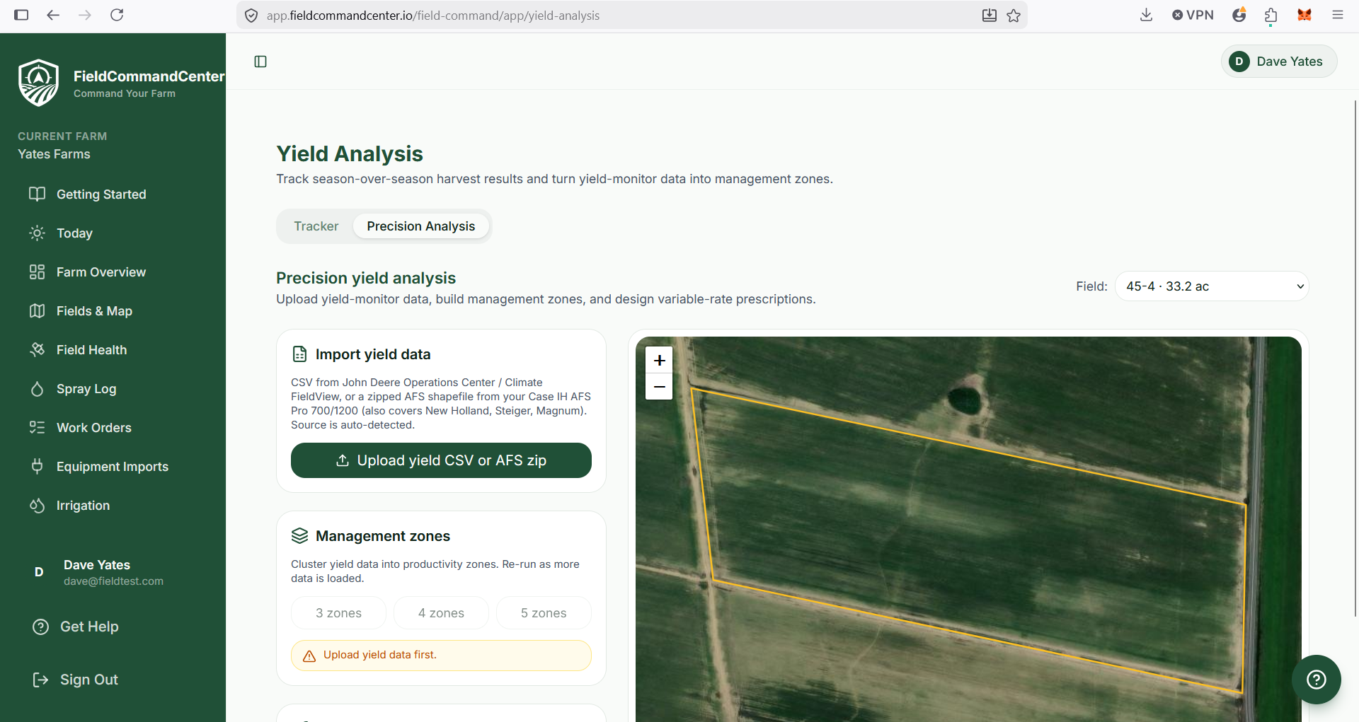 Precision yield analysis page with management-zone clustering on a satellite field outline.